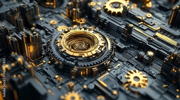 Obraz Intricate gold black gears in complex metallic mechanism detailed 3D render futuristic tech design abstract