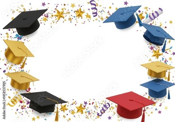 Fototapeta Graduation caps and confetti arranged in a border around a white background