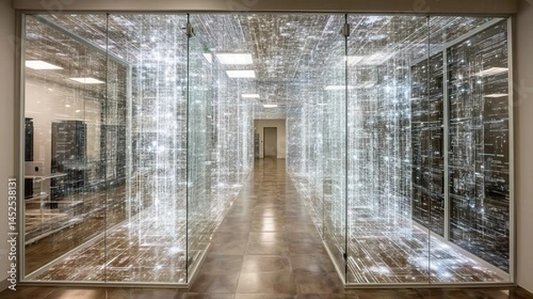 Fototapeta Digital secure gate access Abstract corridor with intricate line patterns on transparent panels.
