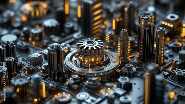 Obraz Futuristic cityscapes built on intricate circuitry glowing with warm light detailed 3D render metallic