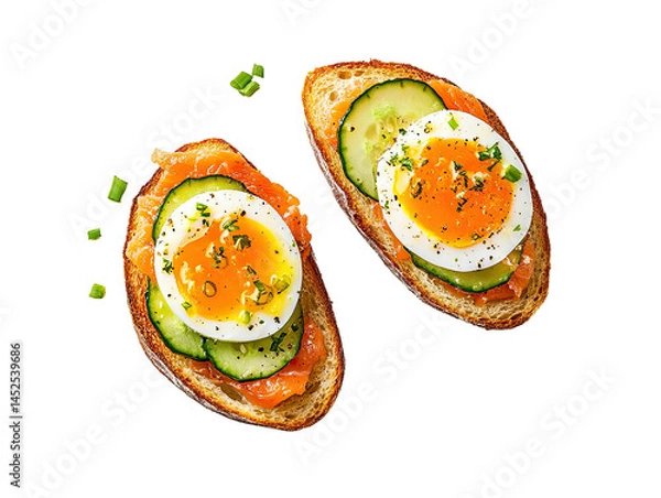Fototapeta Two bruschettas with scrambled eggs, cucumbers and salmon isolated on white transparent background
