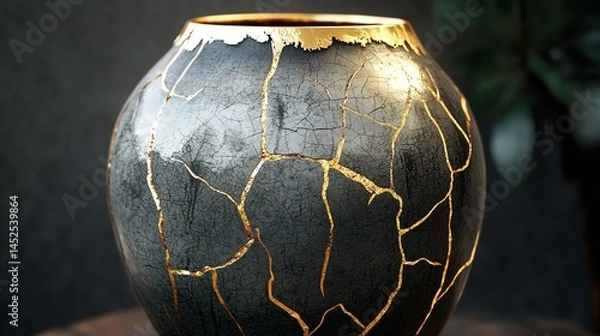 Obraz Elegant dark gray ceramic vase with gold cracks a stunning piece of art showcasing intricate detail and unique