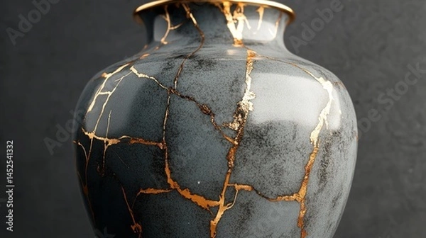 Fototapeta Elegant gray urn with gold crackle design a poignant symbol of remembrance and enduring memory detailed close