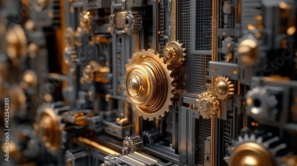 Obraz Intricate gold and grey gears steampunk art detailed 3d render deep depth of field mechanical design