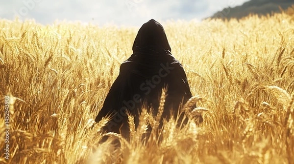 Obraz Mysterious figure in black robe walks through golden wheat field bathed in warm sunlight creating a serene yet