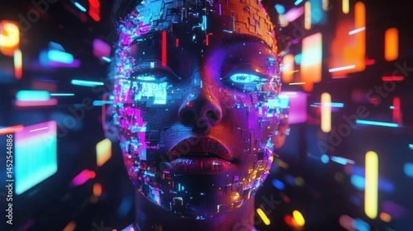 Obraz Futuristic digital face with vibrant, glowing, geometric patterns
