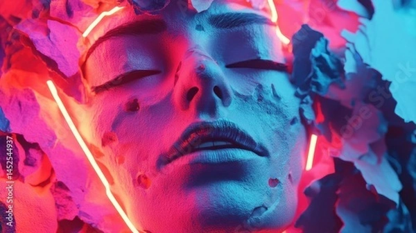 Obraz Abstract face, vibrant neon lights, textured surface