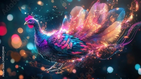 Obraz Vibrant, stylized turkey with glowing feathers