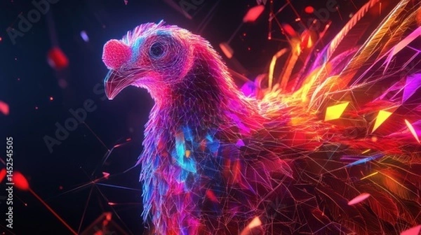 Obraz Vibrant digital art of a stylized chicken.  Intricate, colorful polygonal design with glowing feathers