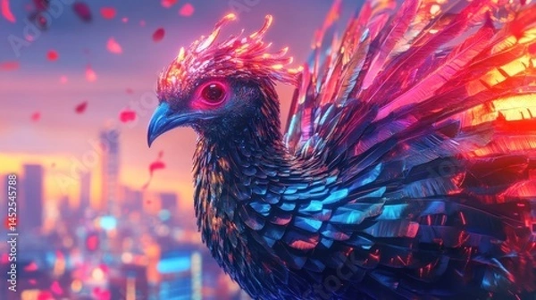 Obraz Vibrant, digital art of a fantastical bird with iridescent scales and fiery crest. Cityscape in the background