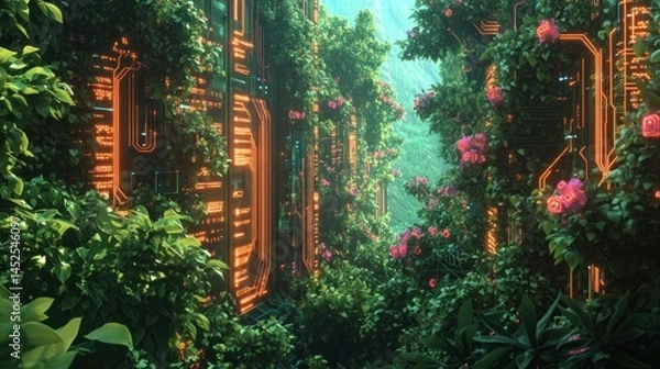 Obraz Lush, vibrant, overgrown futuristic structures.  A digital forest with glowing panels and vibrant flora