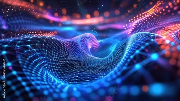 Obraz Abstract digital wave of vibrant colors, interconnected particles, and shimmering network.  Dynamic display of data flow, network connectivity, and technological innovation
