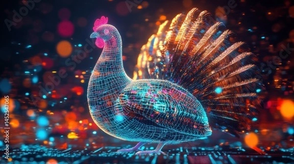 Obraz Futuristic chicken, digital art, vibrant colors, wireframe style, glowing feathers