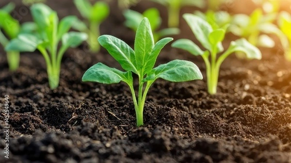 Fototapeta Fresh Green Seedlings Growing in Rich Soil Under Bright Sunlight