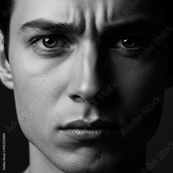 Fototapeta Close-up Black and White Portrait of a Man Showing Anger