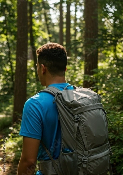 Fototapeta Man Hiking in a Sunlit Forest Trail