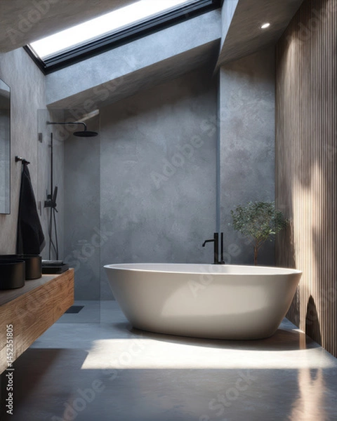 Fototapeta Modern Bathroom Featuring Concrete Walls Complemented by Natural Wood Accents and a Freestanding Tub