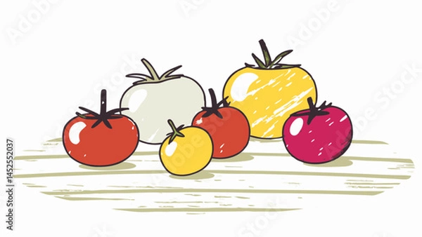 Fototapeta Colorful Assortment of Fresh Tomatoes Displaying Vibrancy on a Wooden Table Representing Healthy Eating and Fresh Produce