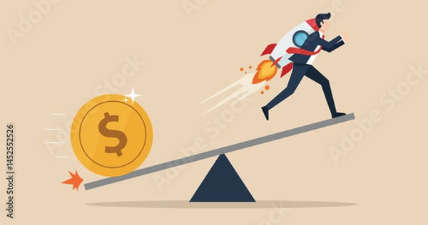 Obraz Business Rocket Launch Concept with Dollar Coin and Seesaw Balance Illustration