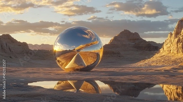 Obraz Giant mirrored sphere reflects sunset in a surreal desert landscape warm golden light arid beauty