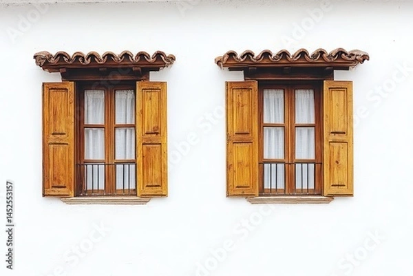 Fototapeta Charming Wooden Windows with Shutter and Rustic Design on White Wall