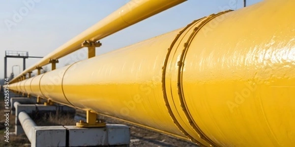 Fototapeta Close-up view of a vibrant yellow gas pipeline, extending into the distance, showcasing its robust construction and industrial infrastructure.