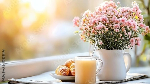 Fototapeta Morning delight floral arrangement with breakfast home table soft light cozy atmosphere