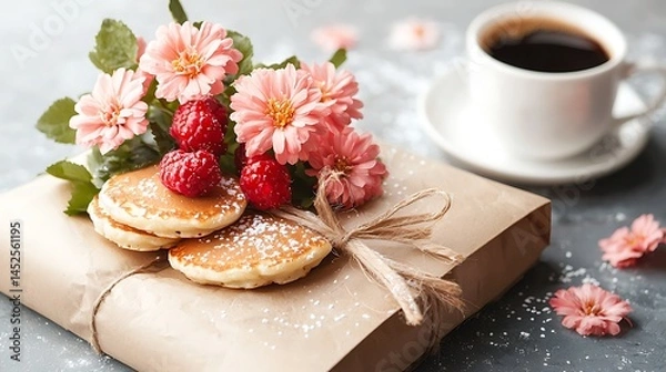 Fototapeta Charming arrangement of pancakes coffee and flowers for a cozy dining experience