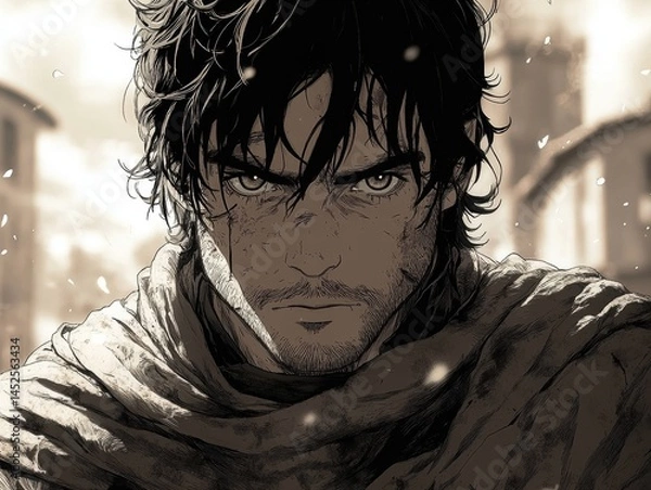 Obraz Close-up grayscale portrait of a serious male figure.