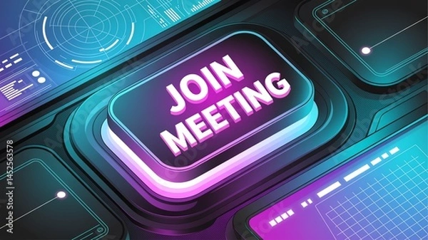 Fototapeta Glowing neon button with ‘JOIN MEETING’ text, vibrant purple light, cyberpunk remote work control panel, holographic screens, cinematic lighting, ultra-detailed, 4K resolution