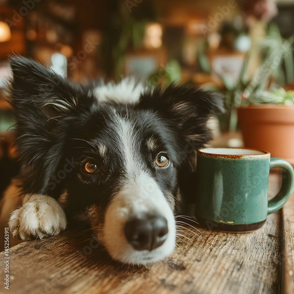 Obraz Border collie resting head on wooden table next to green mug in a cozy indoor setting view