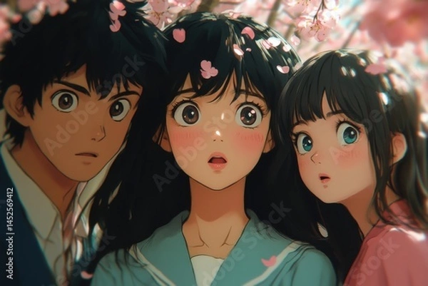 Obraz Three young people amidst a blossoming spring tree.