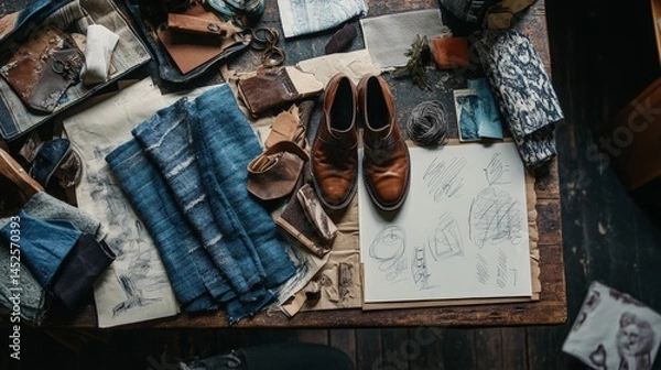 Fototapeta Artisan leather and denim workshop with creative design sketches