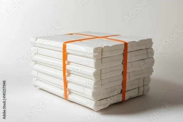 Obraz Stacked Foam Packaging Blocks Wrapped with Orange Strap for Shipping