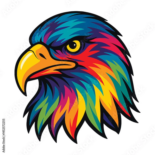 Obraz Colorful eagle head vector illustration in modern pop art style. Bold rainbow feathers and sharp yellow beak on white background. Symbol of strength, pride and freedom. Isolated design on white.