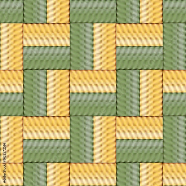 Obraz Seamless woven checkered pattern in soft yellow and green tones. Basket like textured squares creating a repetitive textile design with a warm and natural feel. Endless grunge surface vector texture.