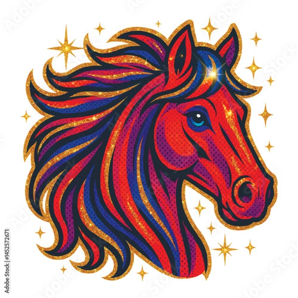 Obraz Pop art style vector illustration of a radiant red and purple horse head with golden glitter outlines and sparkling stars. Symbol of 2026 Year of the Fire Horse, zodiac sign. Isolated design on white.