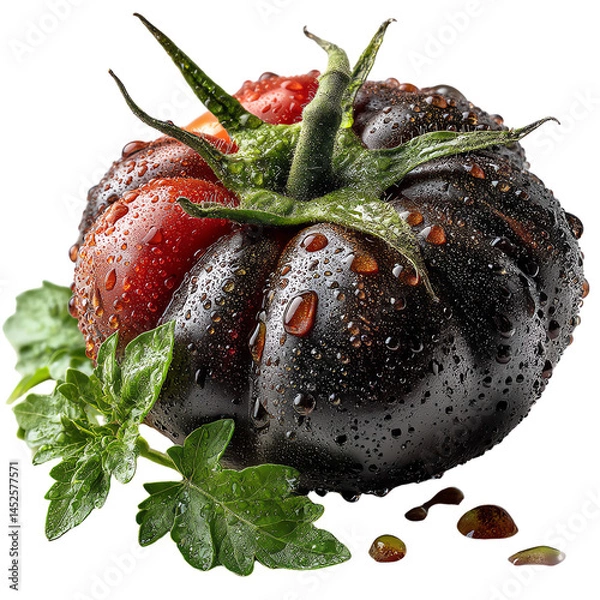 Fototapeta Fresh, vibrant black tomato with droplets, accompanied by green leaves, ready for culinary use. isolated on a white background.