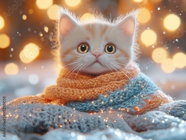 Obraz Cute kitten wrapped in cozy winter scarf.