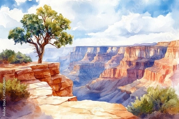 Fototapeta A lone tree stands on the rocky edge overlooking the vast, sunlit Grand Canyon with dramatic cliffs and a clear sky above.