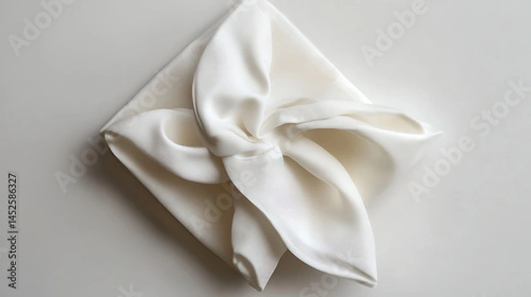 Fototapeta A top down view of a white fabric furoshiki gift wrap on a white background