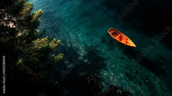Fototapeta A scenic aerial shot of an orange boat on clear water, perfect for serene summer vacation vibe and nature picture taking