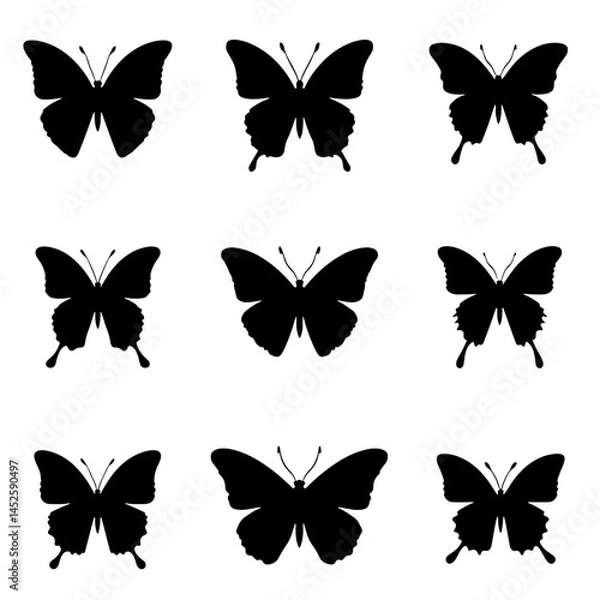 Fototapeta Set of black silhouettes of butterflies on white background