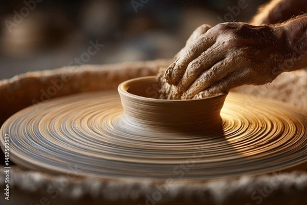Fototapeta Hands shaping a clay pot on a pottery wheel.