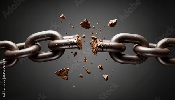 Fototapeta Broken chain with flying debris against a dark background  