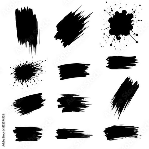Fototapeta Paint brush strips with rough edges and fading marks on white background. Black smeared streaks with natural ink texture and vertical movement. Grunge elements