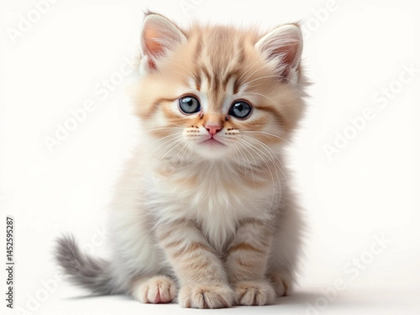 Fototapeta Adorable fluffy light ginger kitten on white background, ultra realistic and highly detailed

