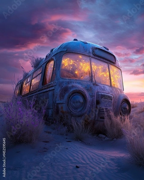 Fototapeta A bus half buried in a sandy desert, glowing softly in pastel tones as windblown plants grow nearby A bus partially buried in desert sands, glowing pastel hues with windblown flora surrounding it 