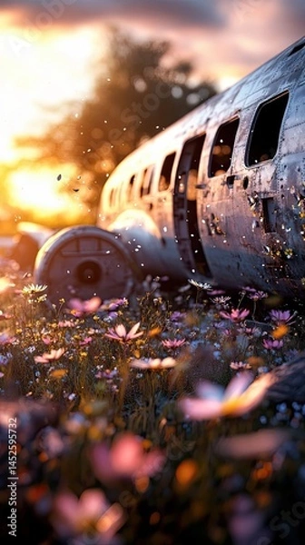 Obraz A crumbling airplane graveyard glowing softly in the golden-hour light, surrounded by pastel wildflowers A decaying airplane graveyard bathed in golden-hour light
