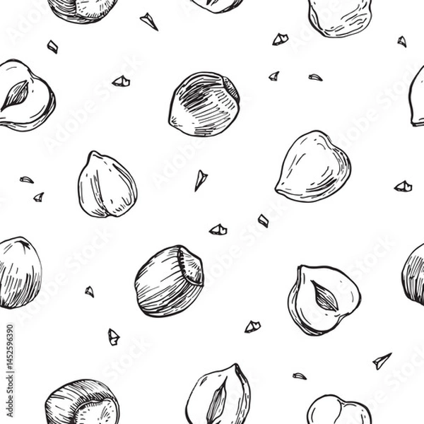 Fototapeta Hazelnuts vector seamless pattern hand drawn with ink . Whole and cut hazelnut kernels and nuts in shell. Template for label design